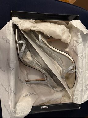 Bebe Silver Satin Strappy Slingback Heels